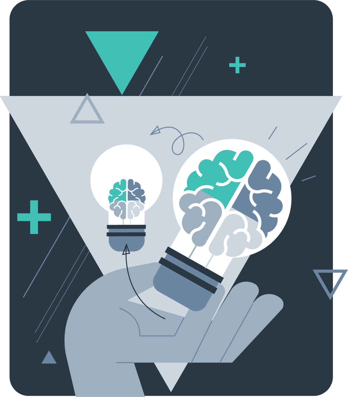 A hand holding two light bulbs with brains inside