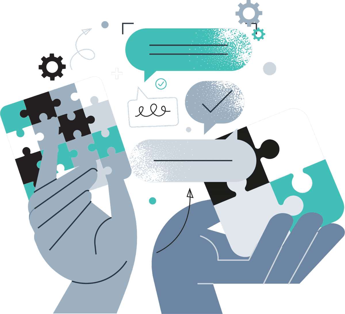 Two hands fitting puzzle pieces together beside speech bubbles